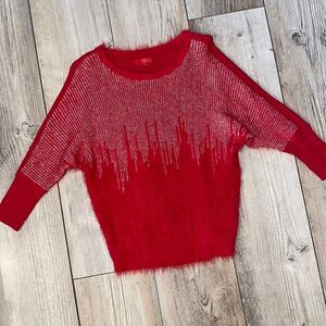 J Lo Beautiful Red Christmas Sweater Fuzzy Metallic embellishments XS